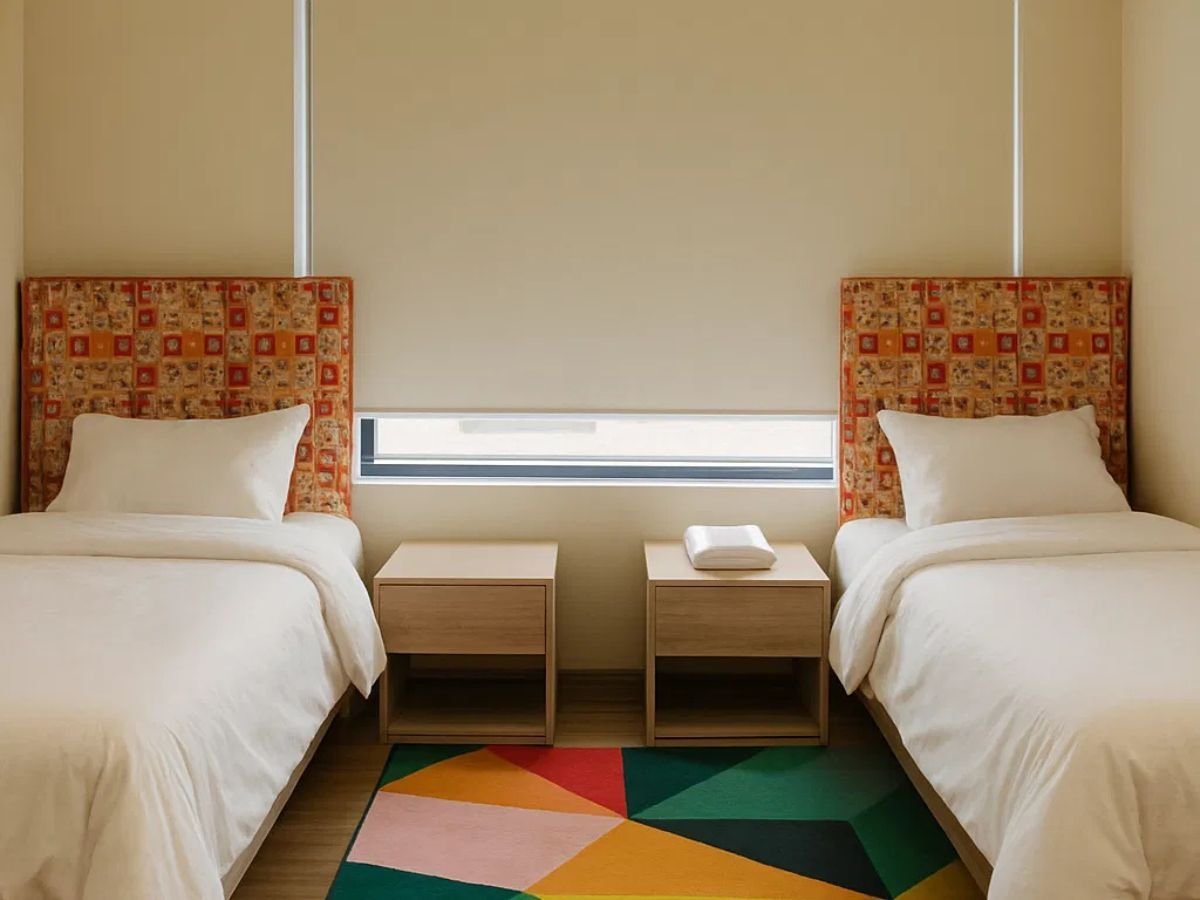 A twin bedroom with two single beds, wooden bedside tables and a colourful geometric rug