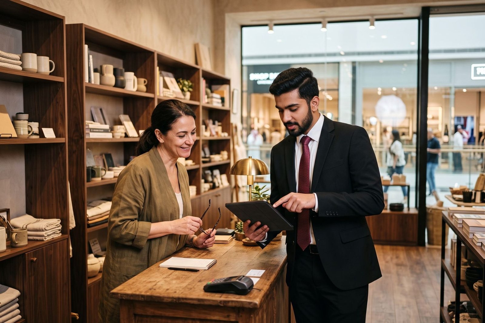 A business student reviewing sales figures on a tablet with a shop owner