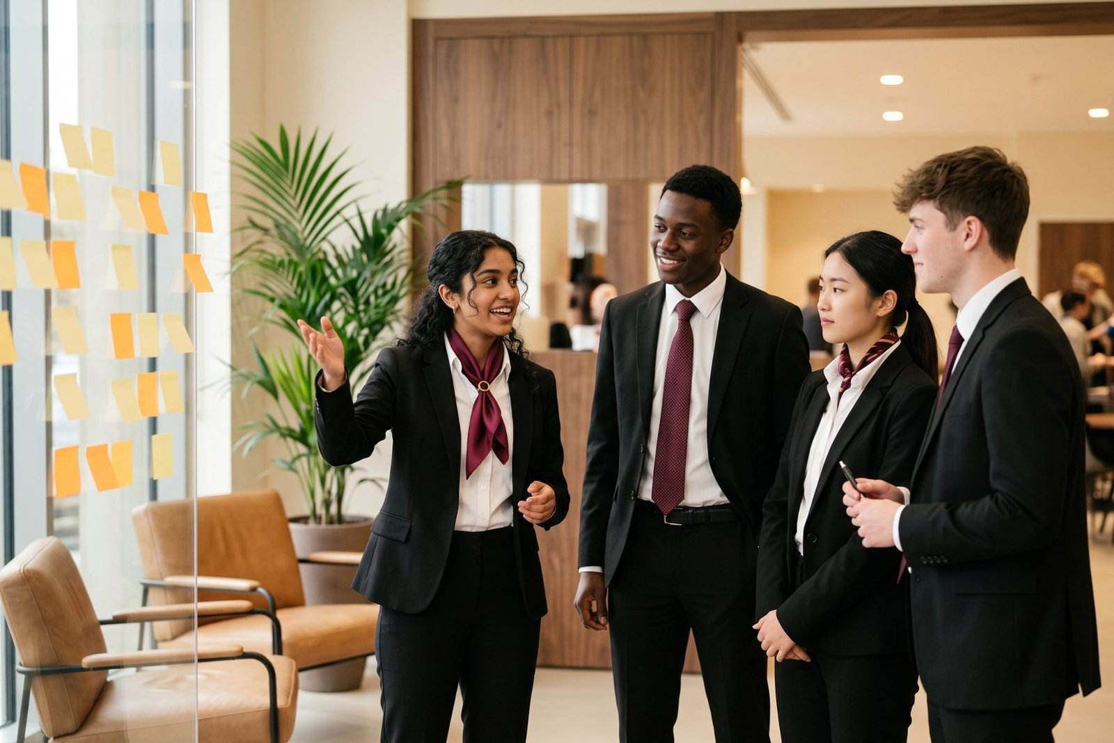 Business students discussing ideas beside a glass wall covered in sticky notes