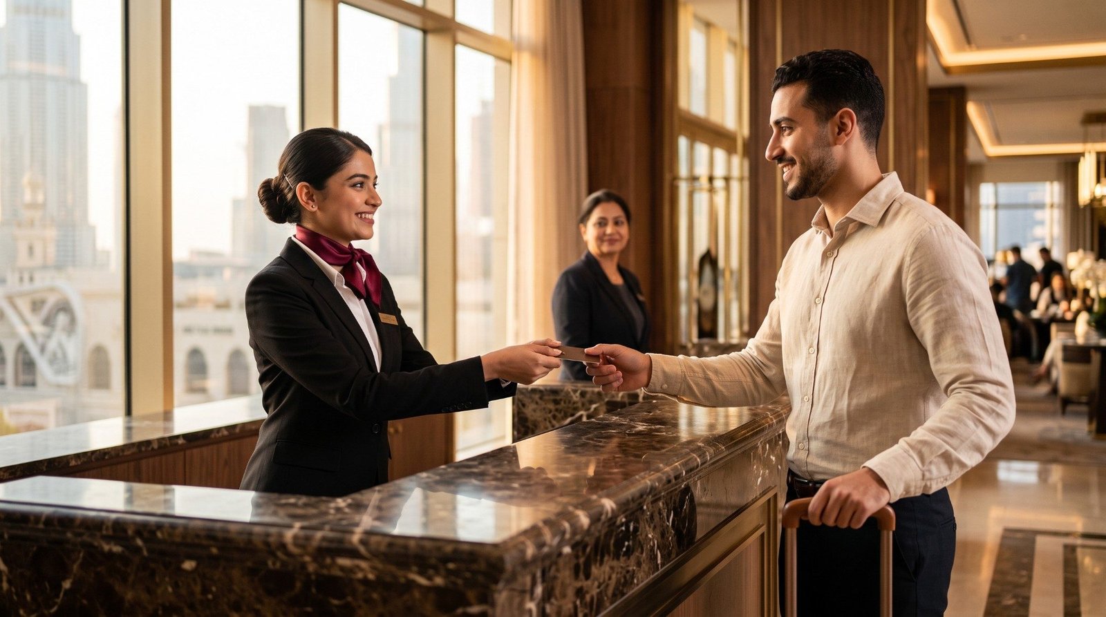 A hospitality student handing a guest a key card at a hotel reception
