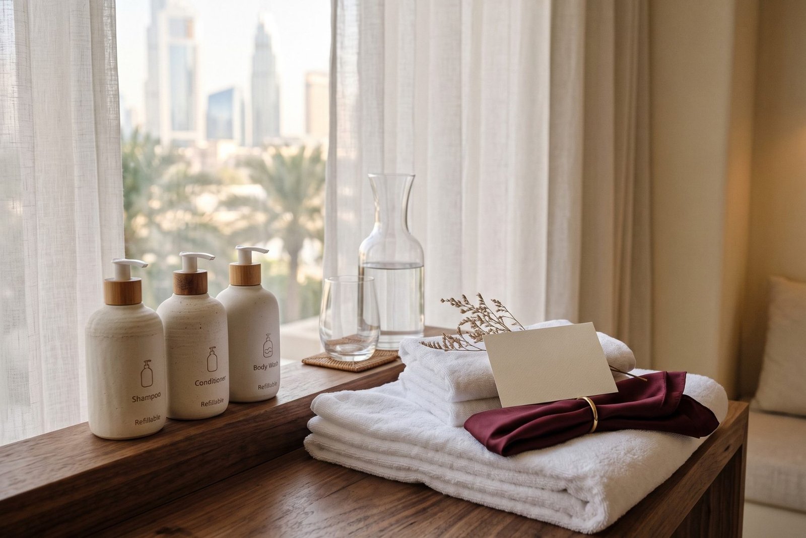 Refillable amenity bottles and folded towels in a Dubai hotel room