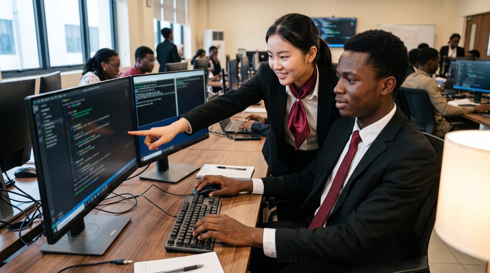 Two IT students reviewing code together in a computer lab