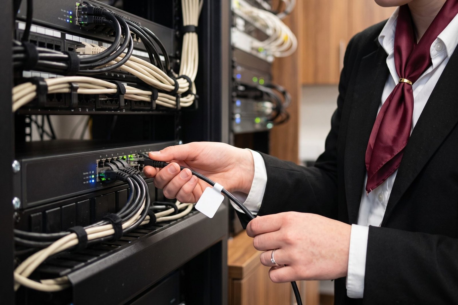 A student connecting a network cable to a switch in a server rack