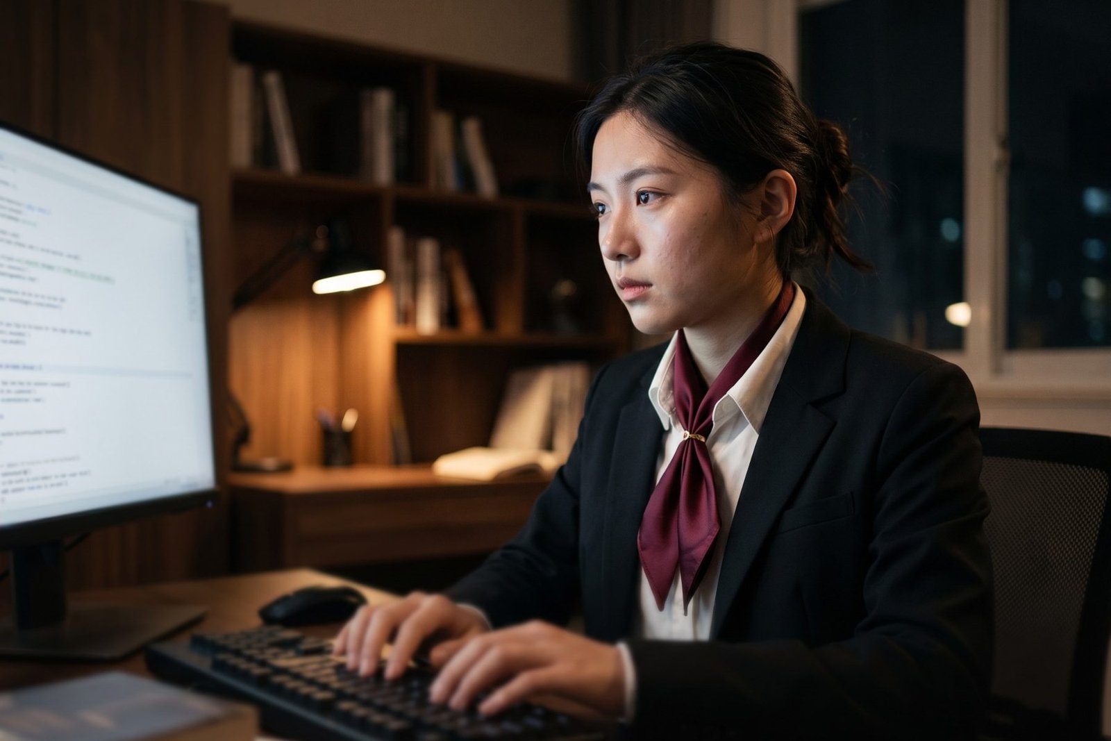 A student working late at a computer on a coding project