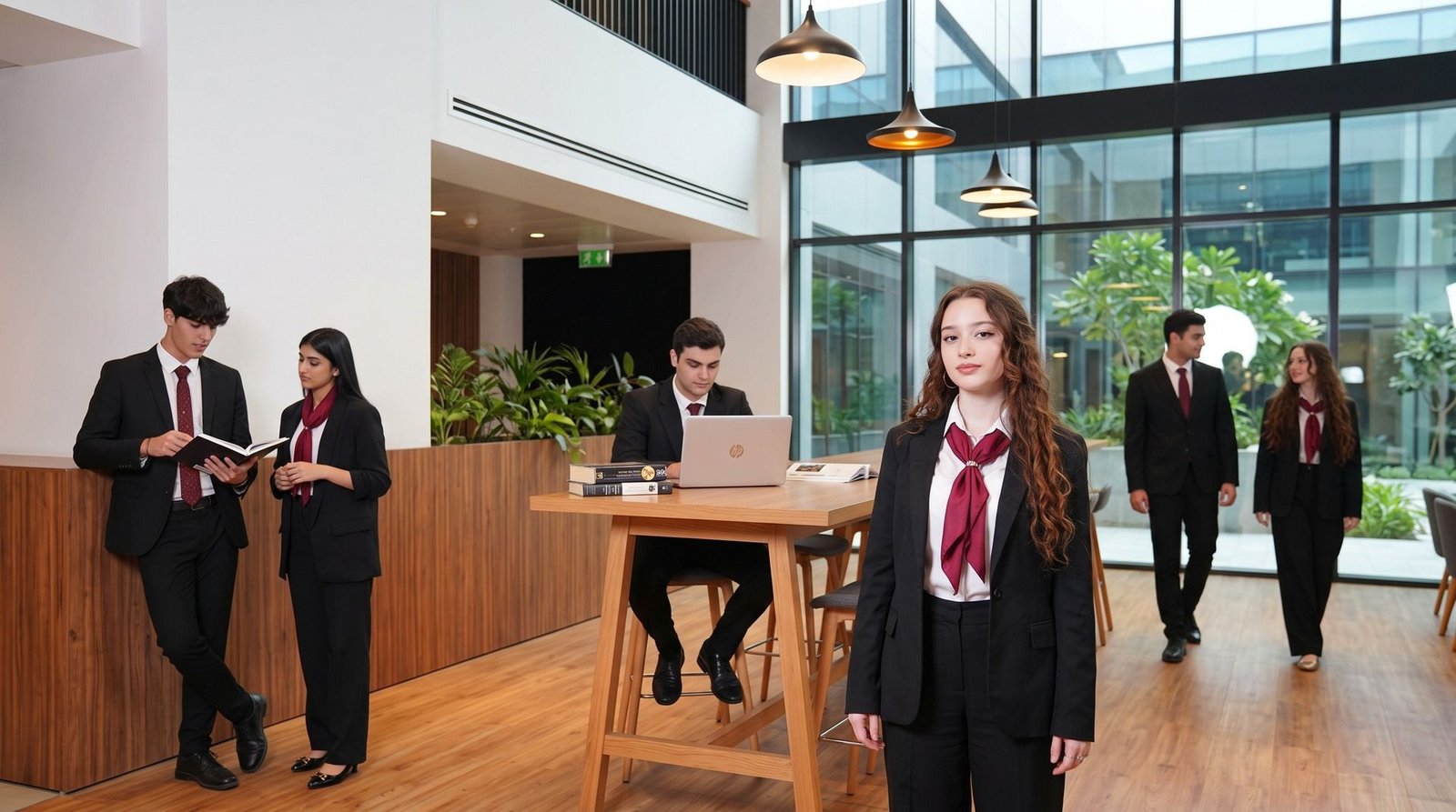 Students in dark business uniforms with burgundy scarves reading, working at a laptop and walking through a bright, glass-fronted atrium