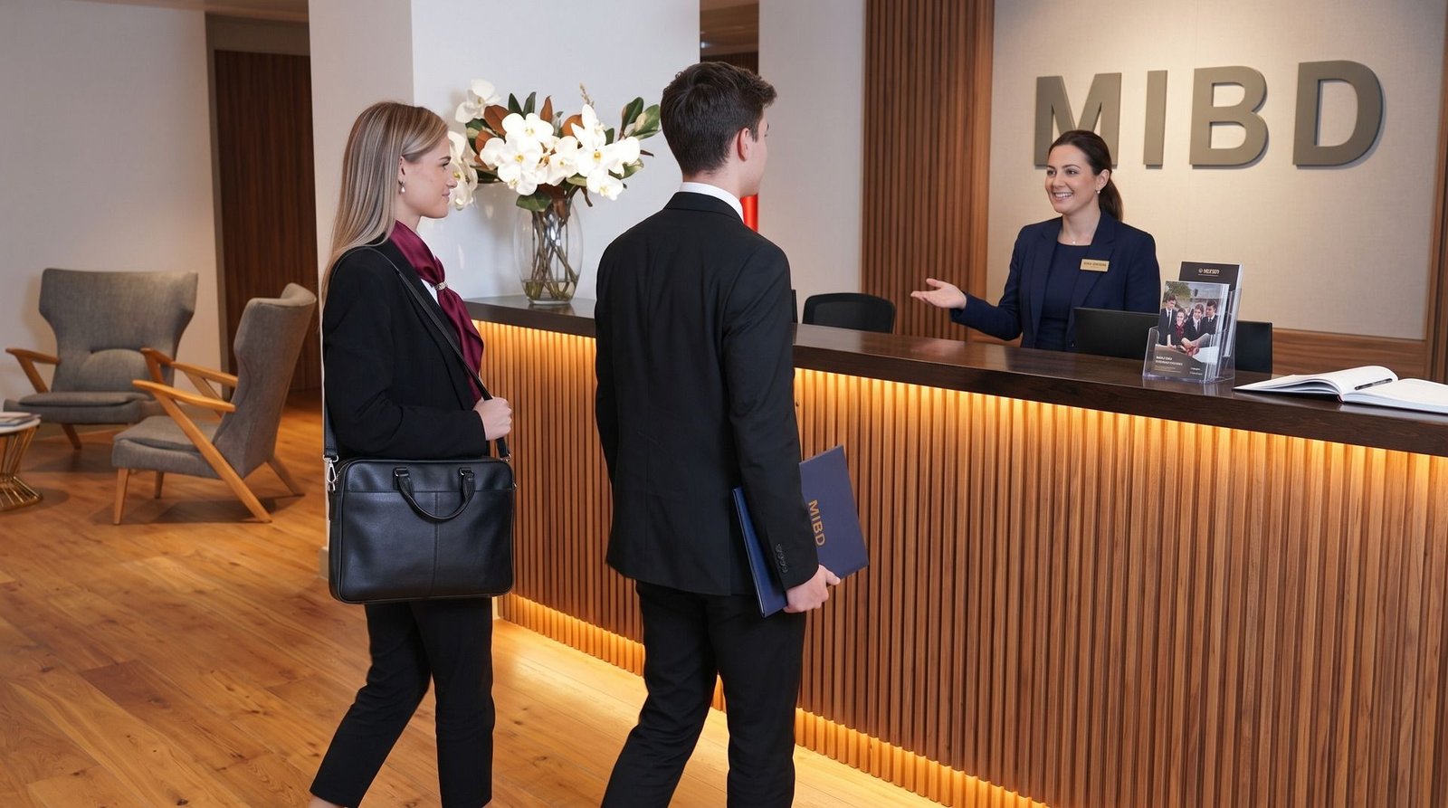 A receptionist in a navy blazer welcoming two arriving visitors at a warm-lit, wood-panelled reception desk